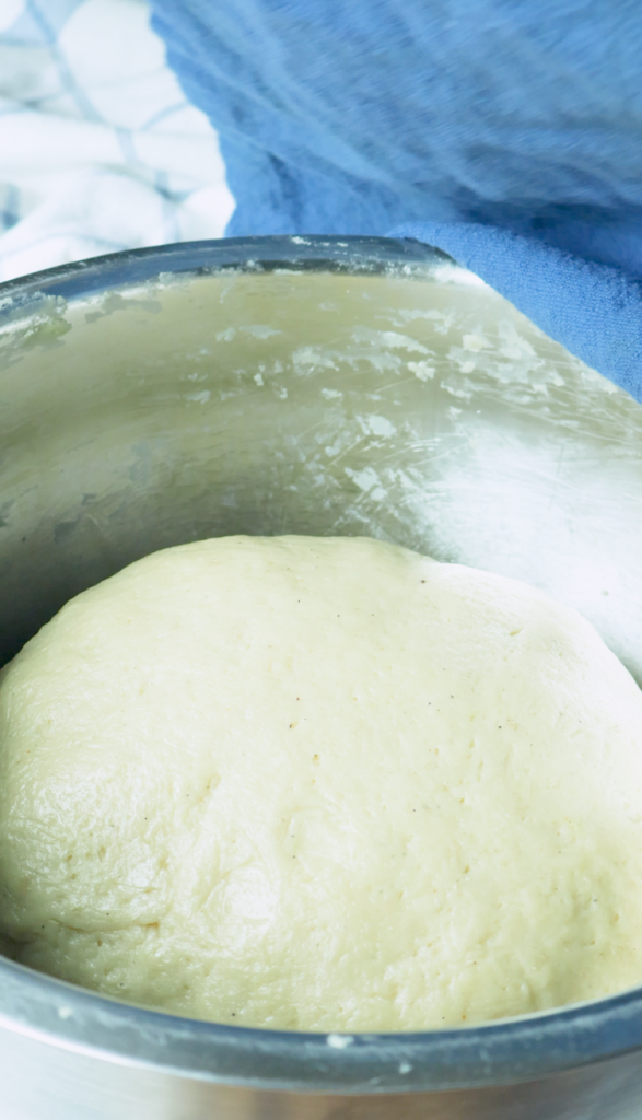 Stir until a dough forms and shape it into a ball. Dampen the dough with water, cover it with plastic wrap and a blanket, letting it rest for 8 hours.